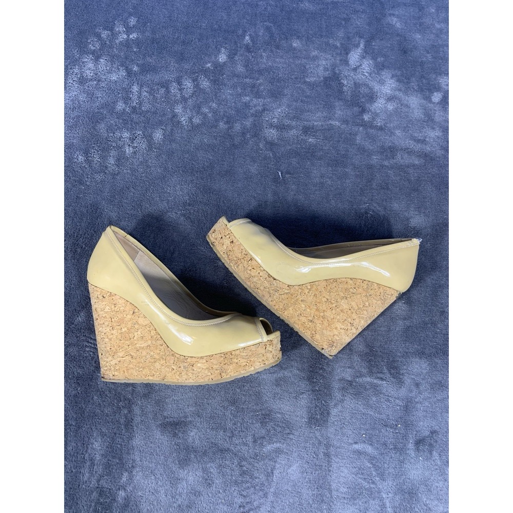 Jimmy Choo Size 37 1/2 Natural Papina Patent Leather and Cork Wedges $450